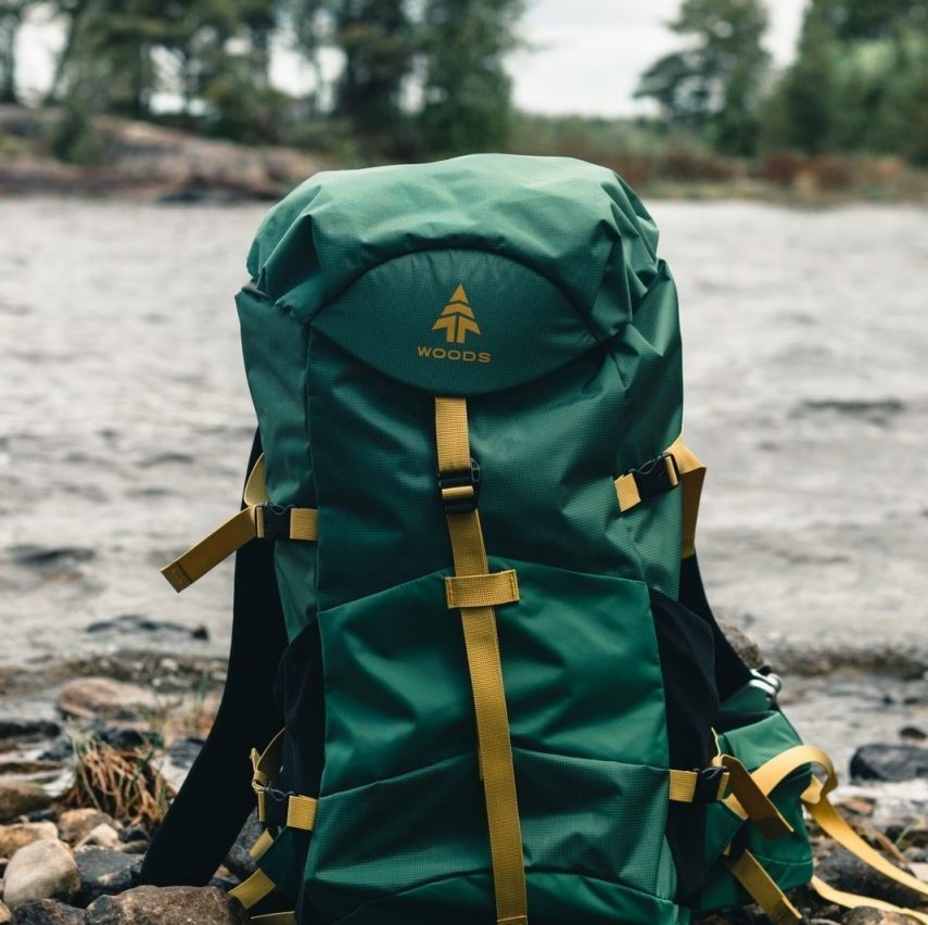 green and black backpack on brown wooden log